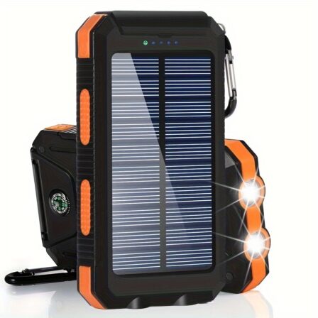 Batería Externa Solar Portátil de 10000mAh con Luz LED Robusta y Dos Puertos de Carga USB.