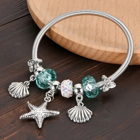 1pc Pulsera de acero inoxidable de estilo vintage con colgantes de conchas marinas y estrellas de mar