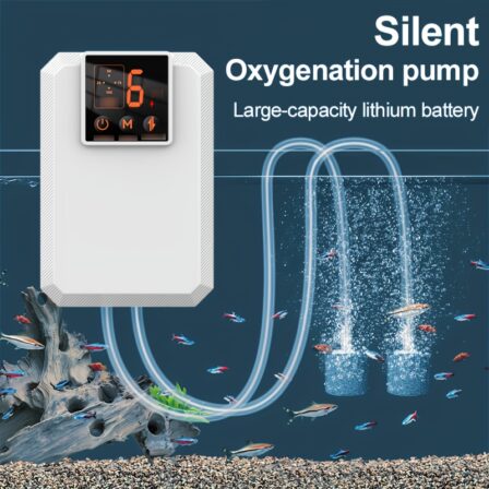 Una bomba de oxígeno de alta capacidad con / batería, ideal para uso doméstico, pesca al aire libre y piscicultura. Este dispositivo portátil cuenta con un modo de carga USB para acuarios.